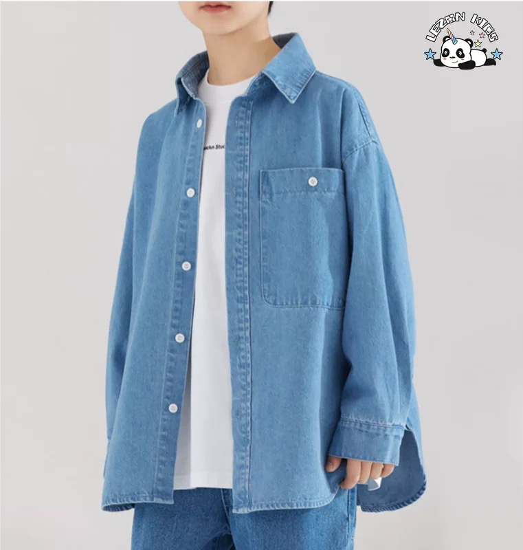 LEZONKIDS - Children's Denim Jean Shirt Straight Loose Pants Casual Two-piece Suit Boys Denim Clothing Set